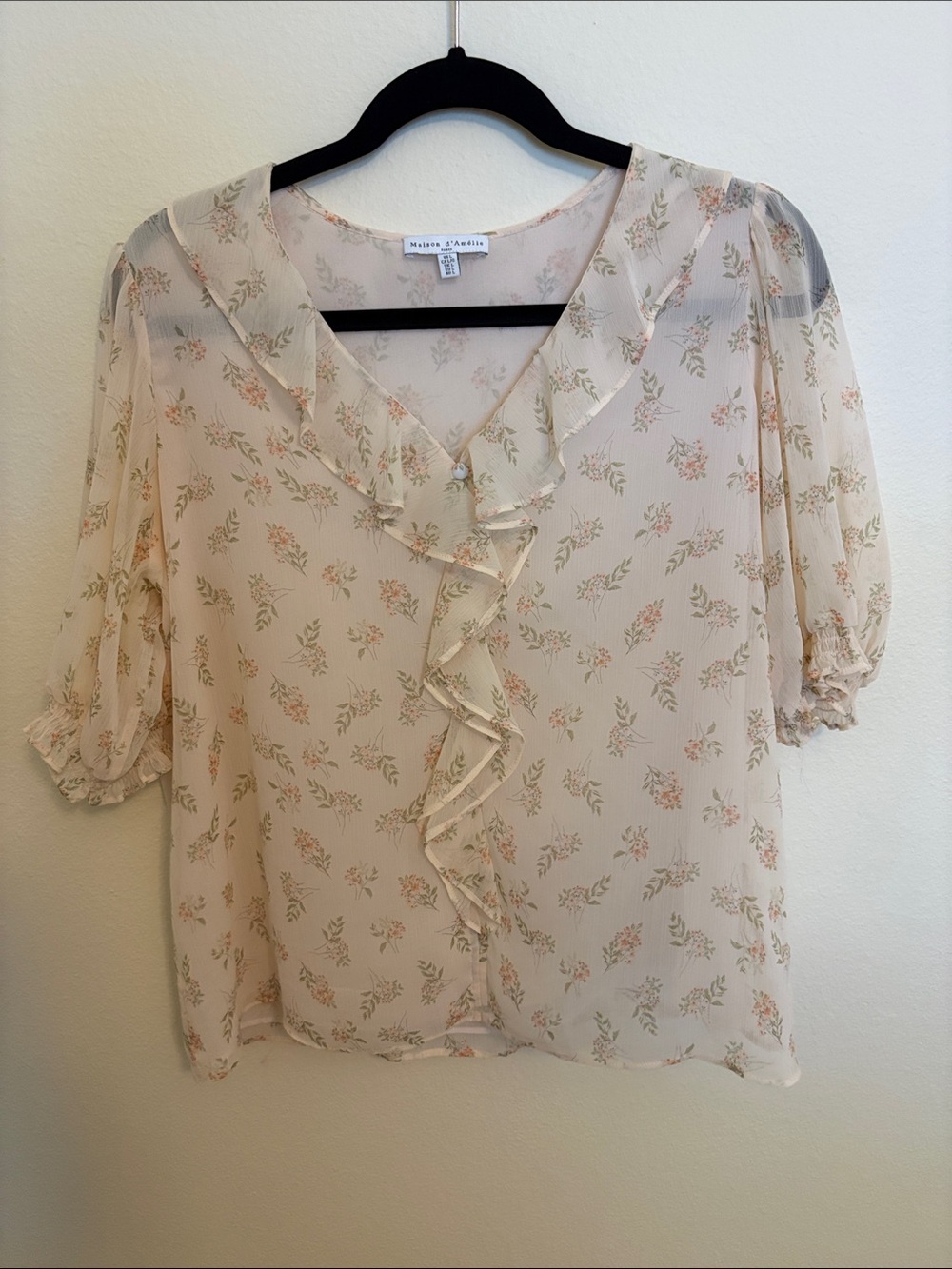 Maison Jules Sheer Cream Ruffle Floral Blouse
